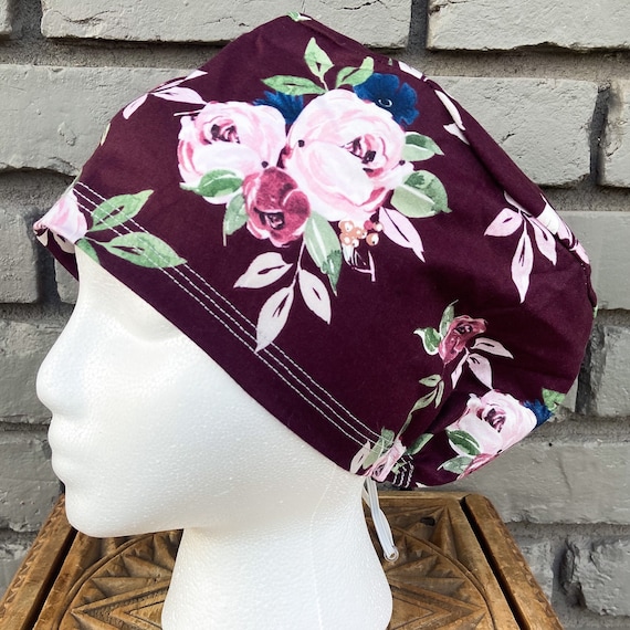 Floral Scrub Caps, Surgical Scrub Cap, Scrub Cap for Woman, Scrub Hats, Euro Scrub Cap for Woman with Toggle, Rose