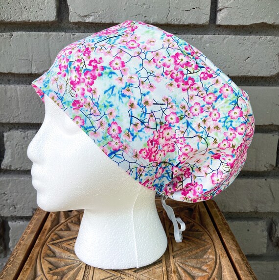 Floral Scrub Cap, Watercolor Floral, Surgical Scrub Cap, Scrub Caps for Women, Cherry Blossom, Scrub Hats, Euro Toggle Hat