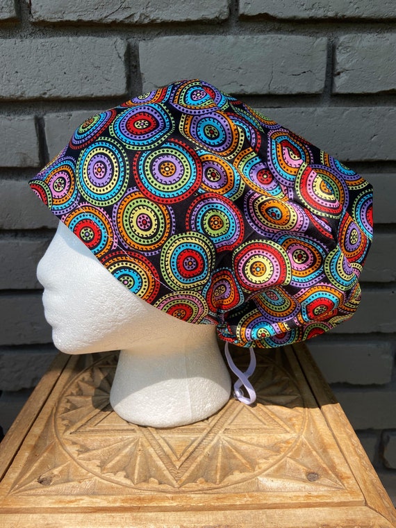Black Medallion Print - Surgical Scrub Cap -Handmade- Euro Pixie Toggle Scrub Hat