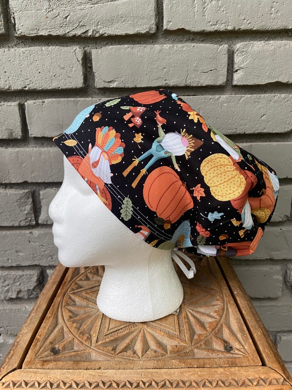 Fall Scrub Cap, Gnome Scrub Cap, Scrub Cap, Scrub Caps for Women, Scrub Hats, Euro Scrub Cap, Scrub Cap with Buttons, Scrub Hat with Toggle