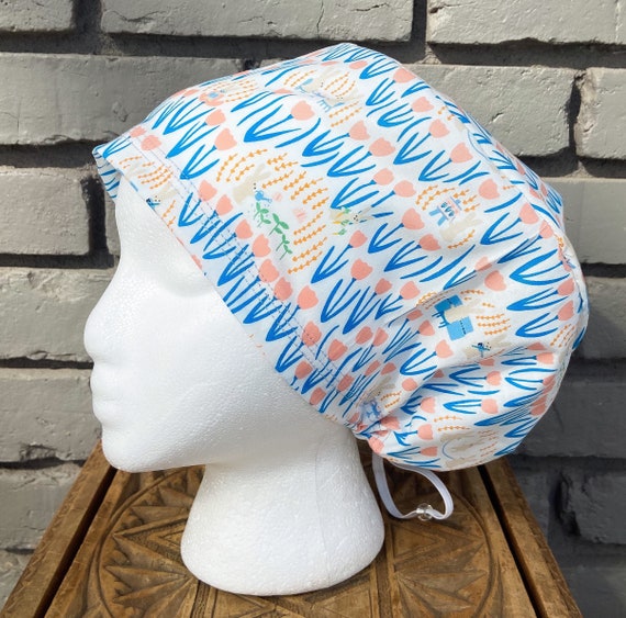 Easter Scrub Cap, Bunny, Rabbit, Floral Scrub Hat, Surgical Scrub Cap, Scrub Cap for Woman, Scrub Hats, Euro Scrub Cap for Woman with Toggle