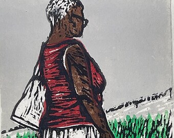 Saturday Shopping: Woodcut print on white masa paper, printed by hand with black oil base ink . 4" W x 6" H