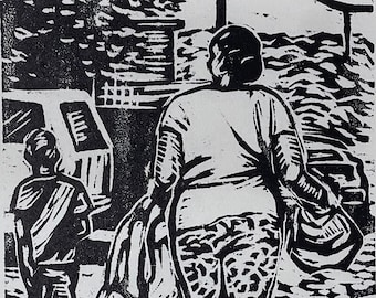 After School: Woodcut print on white Masa paper, printed by hand with black oil base ink . 4" W x 6" H