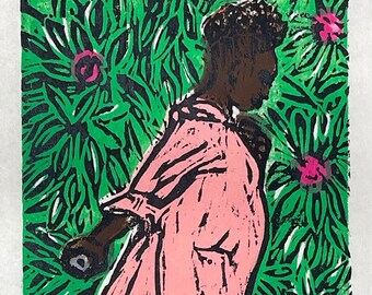 In a hurry: 7 colors Woodcut print on white Masa paper, printed by hand with black oil base ink . 4" W x 6" H