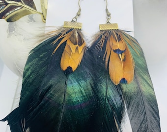 Green Iridescent Boho Feather Earrrings