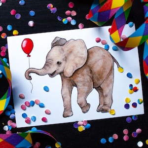 Carte postale A6 pour anniversaire d'enfant avec ballon de fête et bébé éléphant