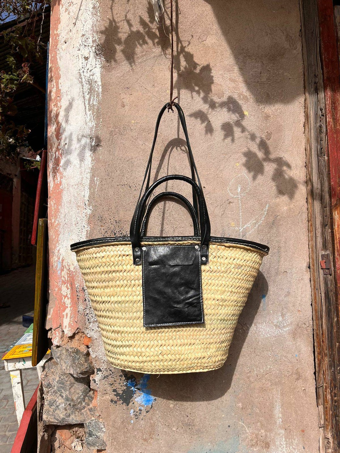 Straw Bags Double Leather Handle Market Basket Handmade Etsy