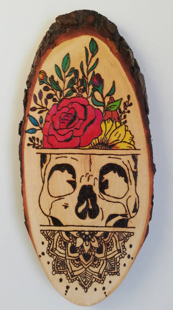 Decorative Wood Disc With Flowers Skull And Mandala Wood Etsy