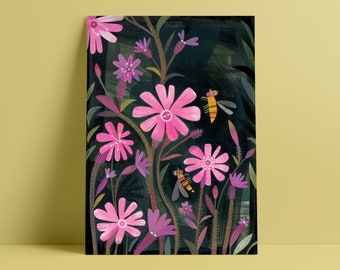 Red Campion & Marmalade Hoverfly Illustration A4 Giclee Fine Art Print