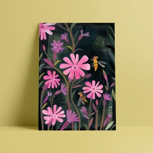 Red Campion & Marmalade Hoverfly Illustration A4 Giclee Fine Art Print image 1