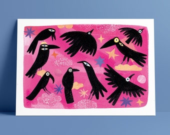 Pájaros negros en un cielo rosa Impresión de arte A4 Giclee