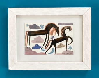 Horse watercolour original framed collage artwork