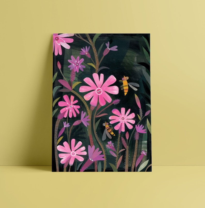 Red Campion & Marmalade Hoverfly Illustration A4 Giclee Fine Art Print image 1