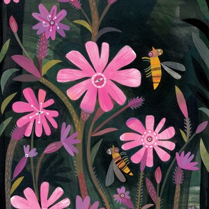 Red Campion & Marmalade Hoverfly Illustration A4 Giclee Fine Art Print image 2