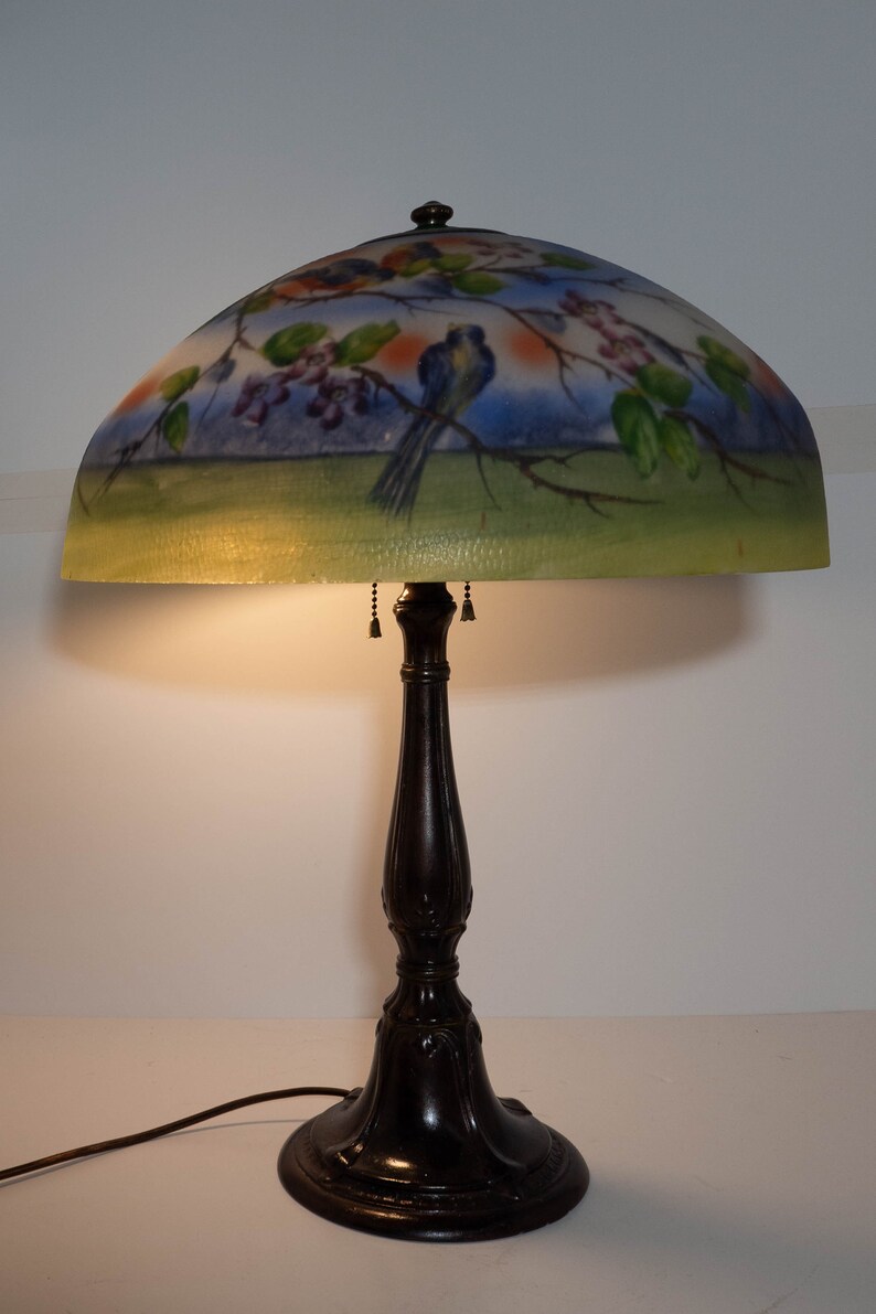 Rare Jefferson Reverse Painted Lamp Featuring Bluebirds