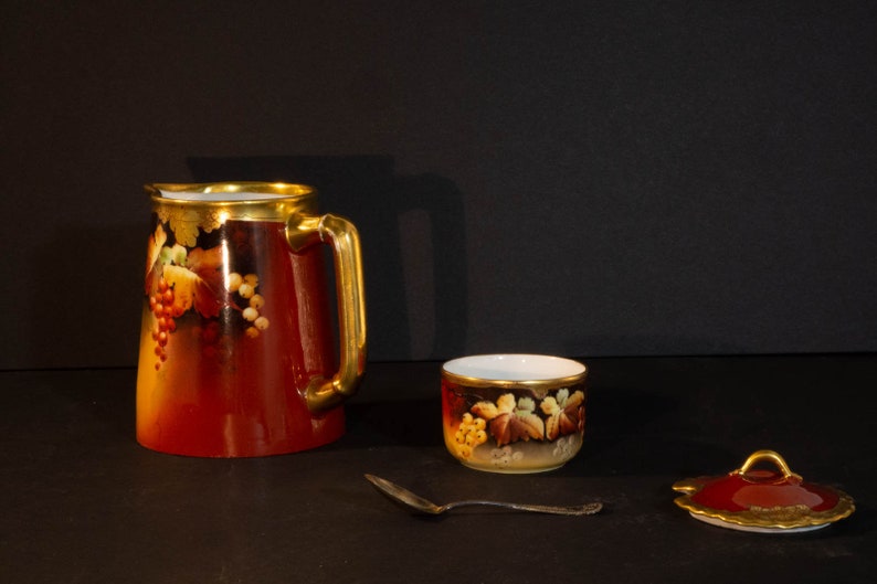 1900 c Pickard pitcher and mustard dish artist signed.
