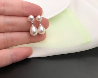 Double Freshwater Pearl Earrings, Sterling silver Studs, Bridal Dangle Earring, Wedding Gift, Simple Bridesmaid Jewelry, mother of bride