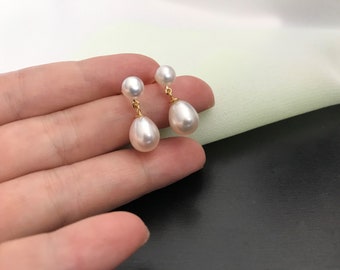 Freshwater Pearl  Earrings, Double Pearl Studs Earring, Bridal Dangle Jewerly, Wedding Gift, Simple Bridesmaid Jewelry, mother of bride