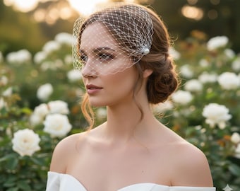 Ivory Pearl Birdcage Veil: Bridal Wedding Headpiece