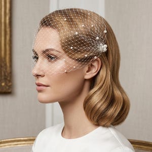 May include: A white birdcage veil featuring a fine netting pattern adorned with scattered small white pearls. The veil is gathered at the side with a cluster of larger white pearls, creating a structured, elegant headpiece for formal occasions.