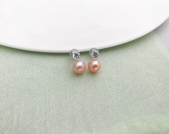 Bridesmaids Earrings, Freshwater Pearl Stud, CZ Bridal Jewelry , Cubic Zirconia Earring,  Wedding Pearl Earrings, Mother of the bride gift
