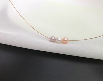 Muti-Colour Pearl Necklace, Triple Pearl Jewelry, June Birthstone, Bridesmaid Jewelry, Wedding Gift, Flower girl Necklace , Floating pearls