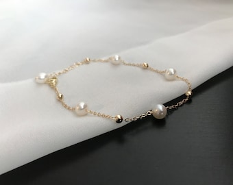 Freshwater Pearl Bracelet: 14k Gold Filled Satellite Chain, Bridal Jewelry, June birthstone