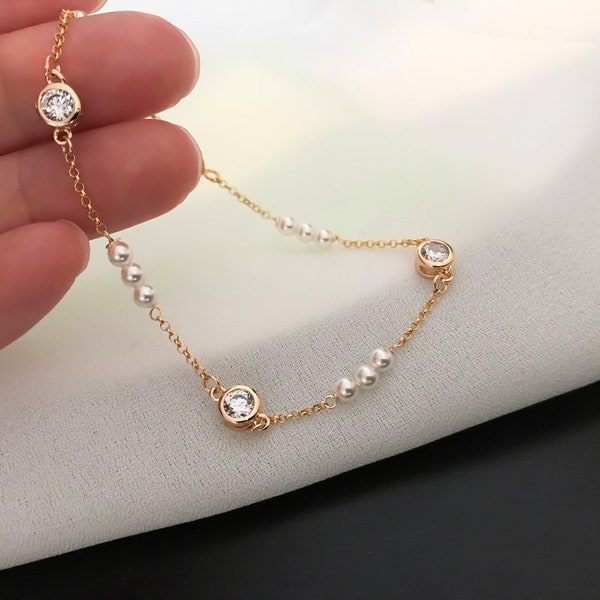 Tiny Pearl Bracelet, Delicate CZ Wedding Jewelry, Bridesmaid Anklet, Dainty cubic zirconia, Minimalist, Mother and daughter gift for women