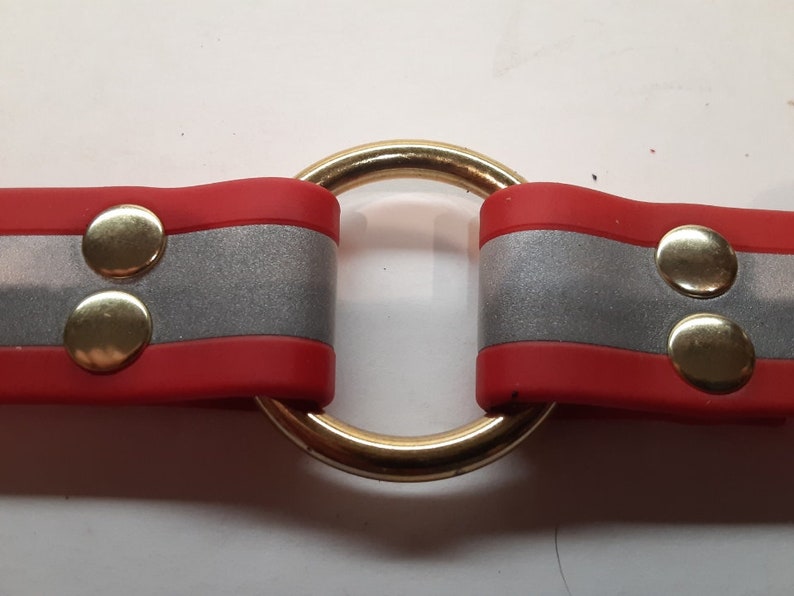 Puede incluir: Un collar rojo y plateado con un anillo de metal dorado en el centro. El collar tiene dos secciones con cierres de presi&oacute;n de metal dorado.
