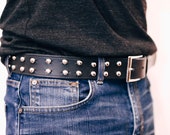 【SUNDAYOFFCLUB】'Acta Non Verba' Studded Belt - Silver Leather Studded Belt for Him or Her, Handmade Black Men's