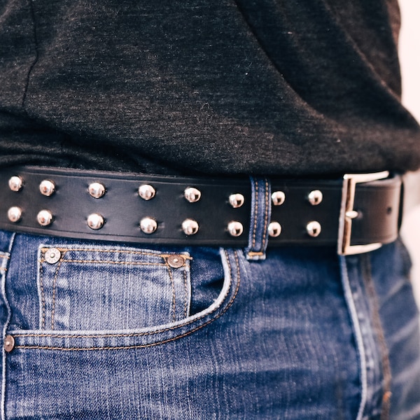 Leather Studded Belt for Him or Her, Handmade Black Men's Belt, Black Leather Belt with Silver Studs, Punk Rock Gift, Anniversary Gift