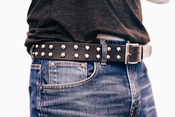 Leather Studded Belt for Him or Her, Handmade Black Men's