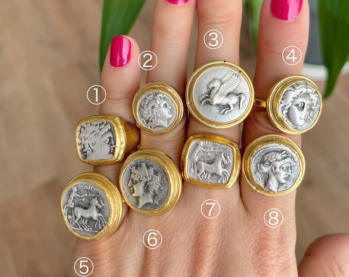 Ancient Coin Ring, 21k Gold Plated Brass, Adjustable Statement Ring