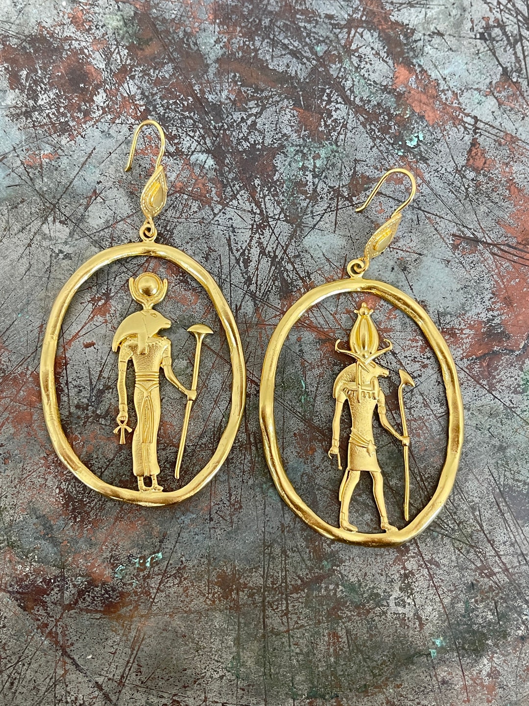 Boucles D'oreilles Pendantes Vintage Années 80-90 En Laiton Plaqué Or - Style Ethnique, Occasion