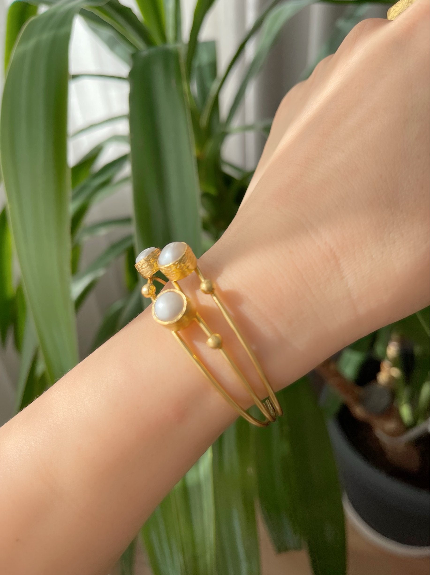 Pearl Bangle, Gold Bangle, Pearl Bracelet , Gem Stone Bangle