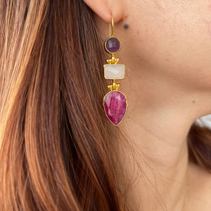 Amethyst and white chalcedony and Ruby Earrings, Ottoman Earrings, Gold plated brass, Turkish earrings, gemstone earrings, gift for her