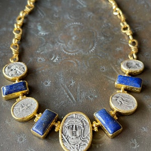 Ancient coin Necklace,  Lapis lazuli necklace, Chain necklace, Gift for woman, statement necklace