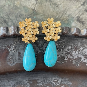 Turquoise Earrings, Turquoise jewelry, Ottoman Earrings, Gold plated brass, Turkish earrings, gemstone earrings, stud earrings