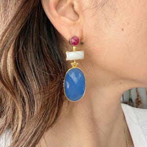 Ruby, chalcedony Earrings, 3stones earrings, Ottoman Earrings, Gold plated brass, Turkish earrings,  gift for her