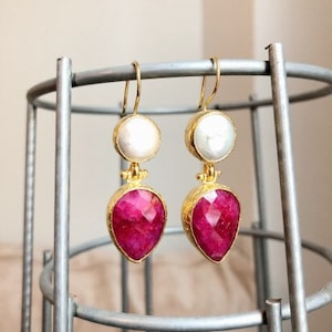 Ruby and Pearl Earrings, Ottoman Earrings, Gold plated brass, Ottoman style, gemstone earrings,Dangle earrings, Drop earrings,Valentine gift