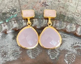 Rose Quartz Earrings, 21k Gold Plated, Turkish Design