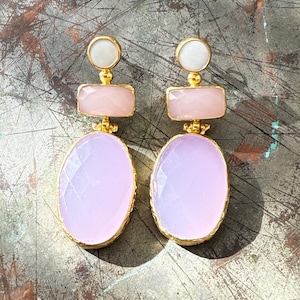 Mother of Pearl, rose quarts and chalcedony Earrings, Ottoman Earrings, Gold plated brass, Turkish earrings, gemstone earrings, gift for her