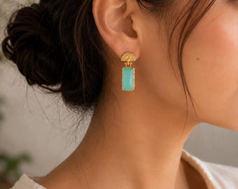 Aqua Chalcedony Drop Earrings, Gold Plated Brass, Turkish Design