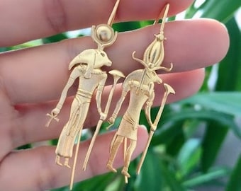 Gold Plated Brass Egyptian God Earrings, Horus & Khnum Earrings, Ancient Egypt Jewelry, Statement Tribal Dangle Earrings, Gift for Her