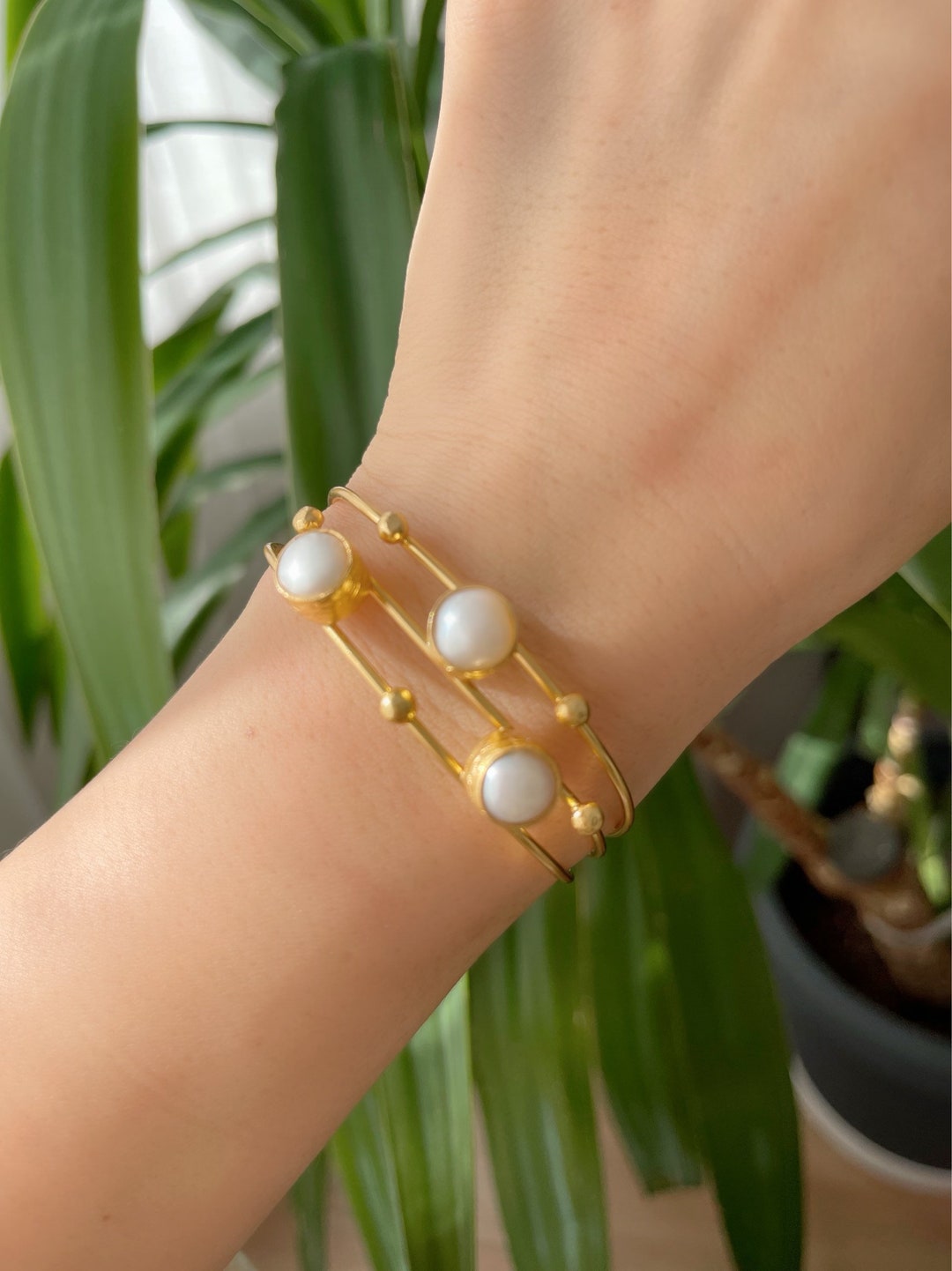 Pearl Bangle, Gold Bangle, Pearl Bracelet , Gem Stone Bangle