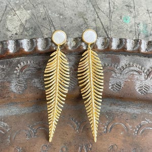 Mother of pearl Earrings, leaf Earrings, 21ct Gold plated brass, gemstone earrings, gold earrings, Gift for her
