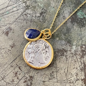 Ancient Coin with Lapis lazuli necklace, Gift for woman, statement necklace, Coin necklace, Gift for women