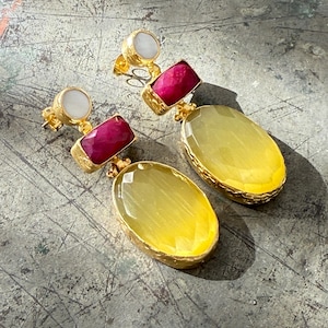 Mother of pearl, Ruby and cats eye Earrings, Ottoman Earrings, Gold plated brass, Turkish earrings, gemstone earrings, gift for her