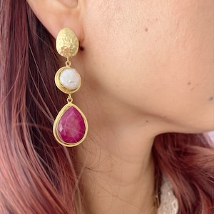 Pearl and Ruby Earrings, Ottoman Earrings, Gold plated brass, Turkish earrings, gemstone earrings, statement earring, gift for her