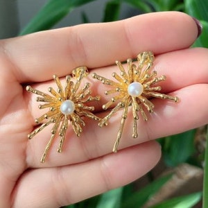 Pearl Earrings, 21ct Gold plated brass, Turkish earrings, gemstone earrings, statement earring, Stud earrings, gift for her, Christmas gift